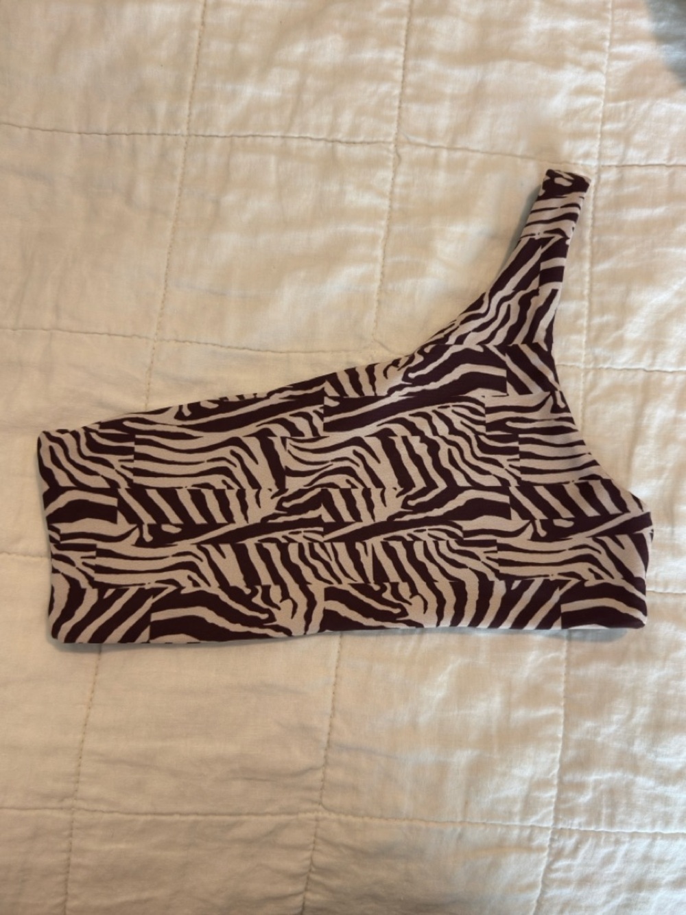 Skatie One-Shoulder Zebra Print Swim Top in Brown and Cream